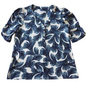 Chicos Blue White Botanical Leaf Henley Top Shirt Cotton Modal Size 1 Medium